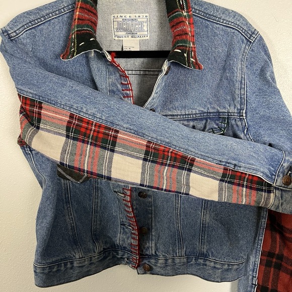 Jordache Original 90's Denim Jacket Plaid Patchwork Custom Red Stitching Size M - Picture 6 of 14